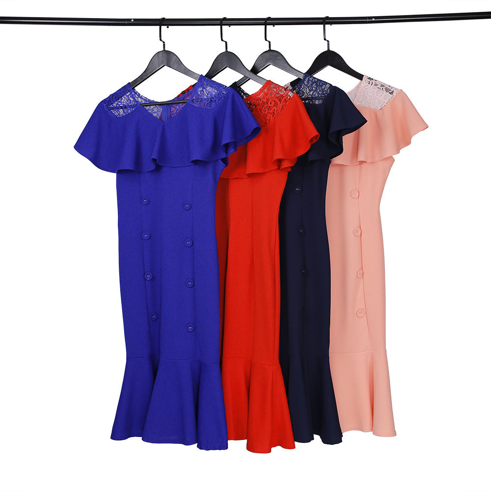 Solid Color Lace Stitching Midi Dress L-3XL