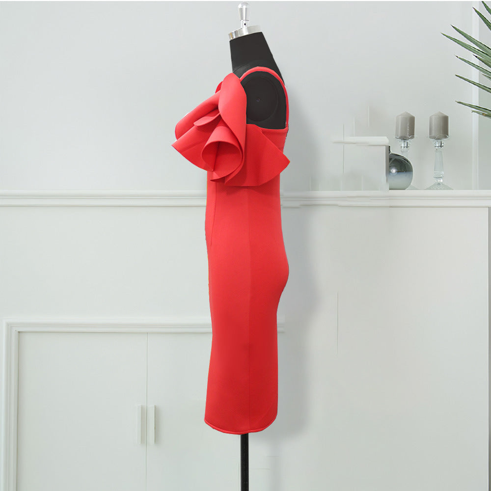 Plus Size Red Ruffles OL Style Midi Dress S-2XL