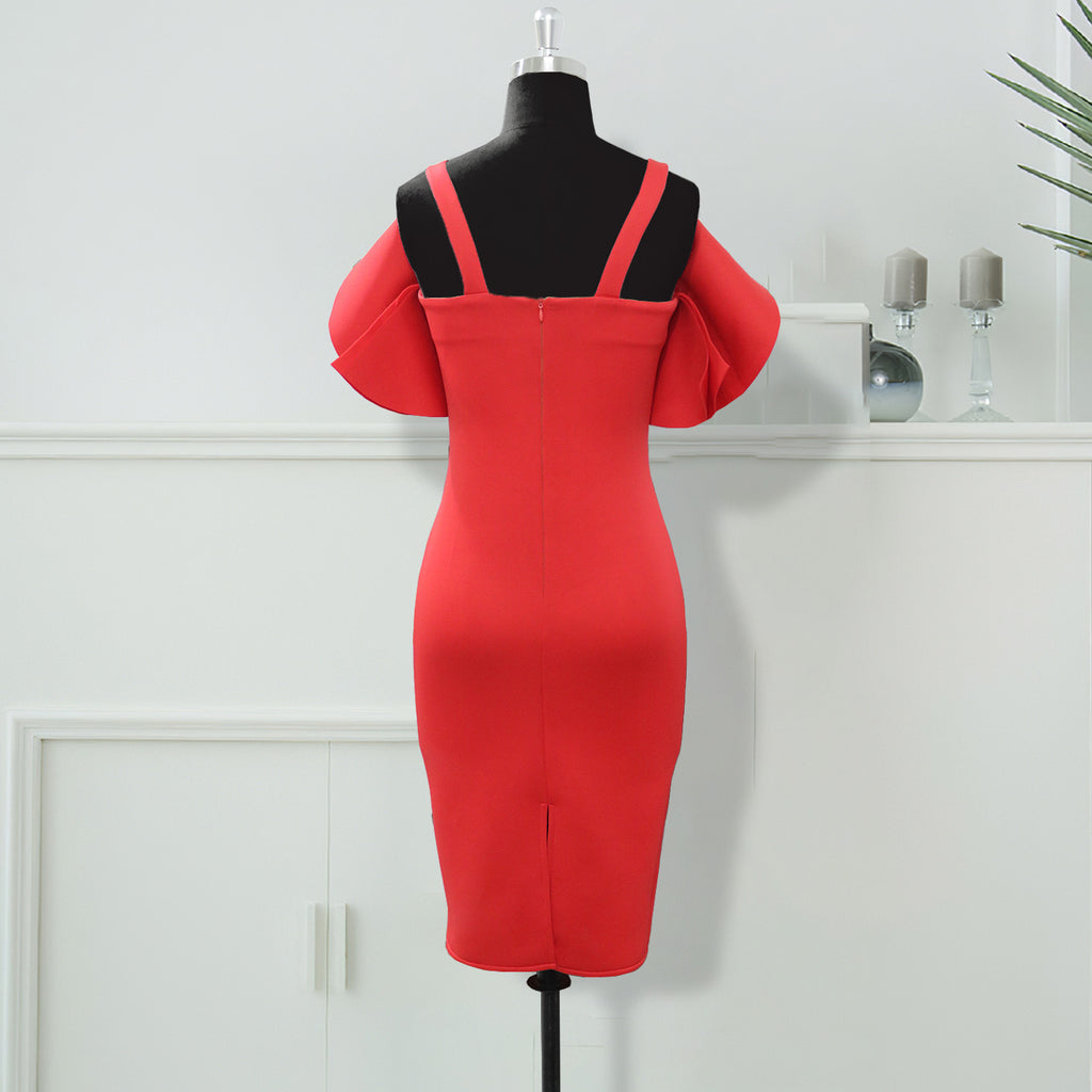 Plus Size Red Ruffles OL Style Midi Dress S-2XL