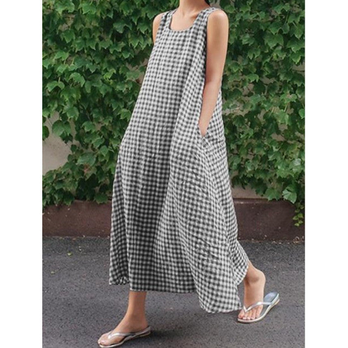 Summer Plaid Loose Maxi Dress with Pockets