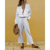 Cotton And Linen V-Neck Pocket Casual Suit Trousers Suit