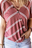 V Neck Striped Buttons T-shirt
