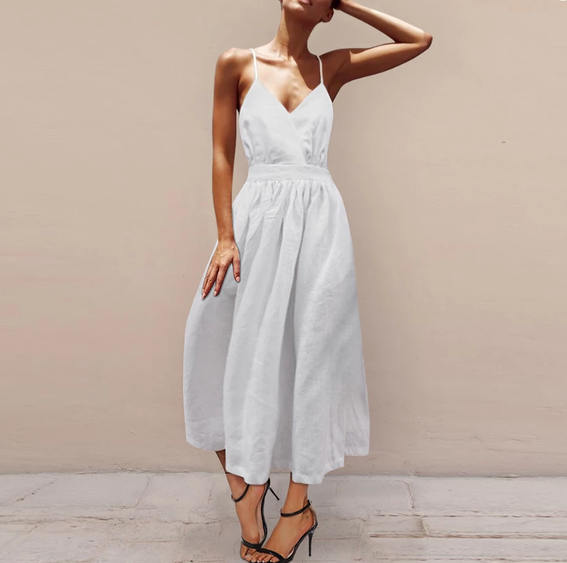 Sexy Backless Sling White Maxi Dresses