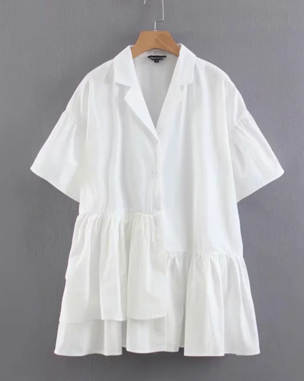 Cotton White Loose Ruffled Shirt Dress