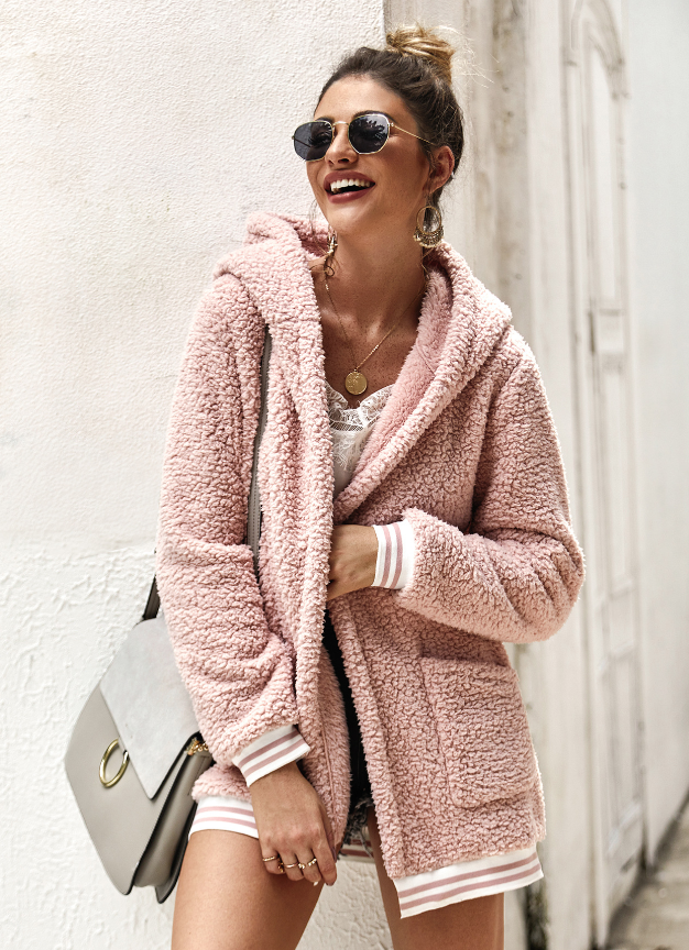 Pink Autumn Hooded fur coat cardigan