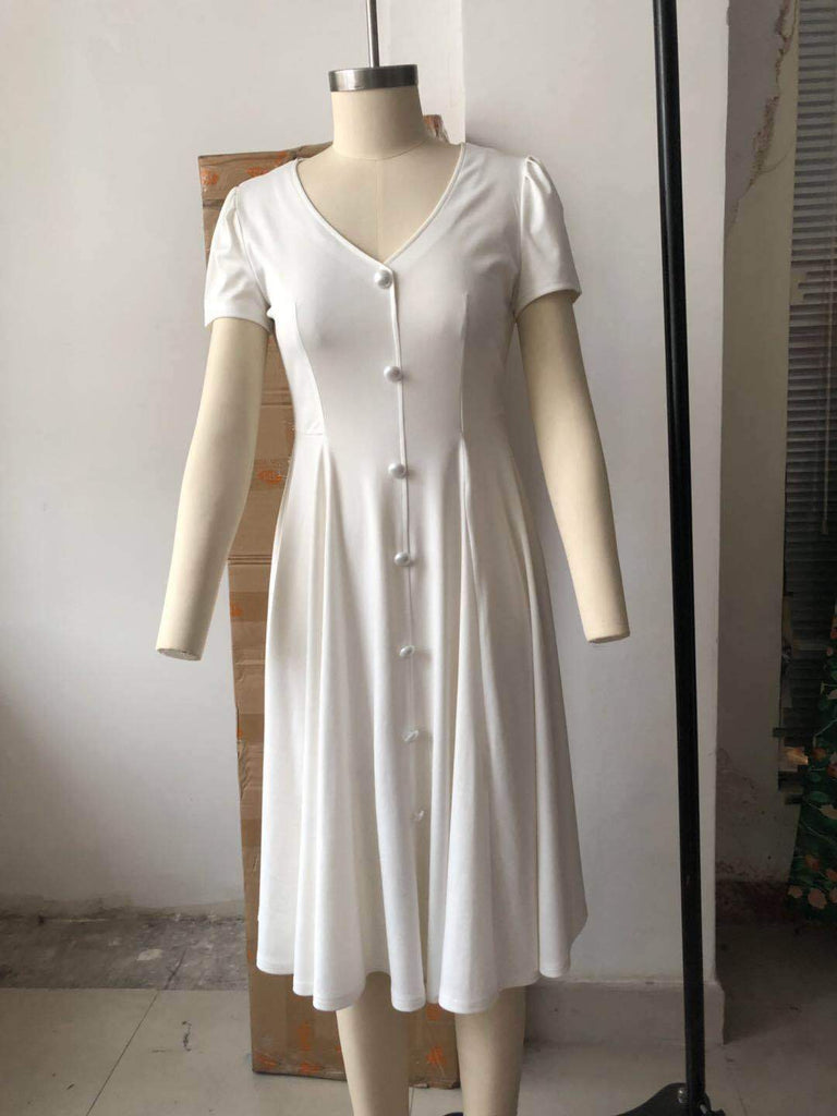 Elegant Solid Color Button V-neck Short Sleeve Pleated Dress S-XL