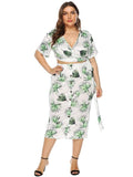 Bohemian Short Sleeve Crop Tops Calf-length Skirts  Pullover V-neck 2 Pcs Dress  L-4XL