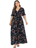 Floral Boho Beach V Neck Ruffles Short Sleeve Belted Maxi Long Dress XL-5XL