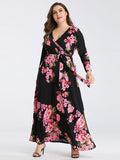 Long Sleeve V Neck Floral Print Belted High Waist Maxi Dress S-3XL