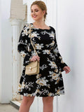 Long Sleeve Floral Print Casual Boho Black Mini Dress XL-4XL
