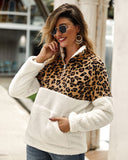 Autumn White Leopard Stitching Zip Fuzzy Sweaters