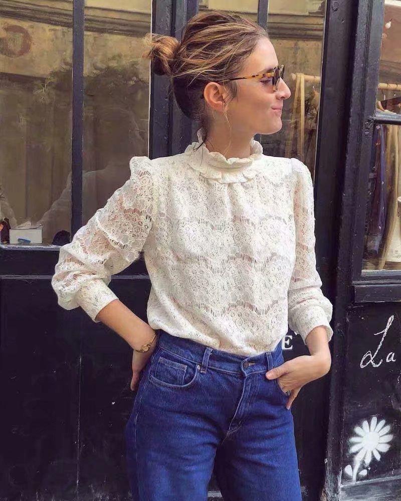 Hollow Stand Collar Long Sleeve Lace Top