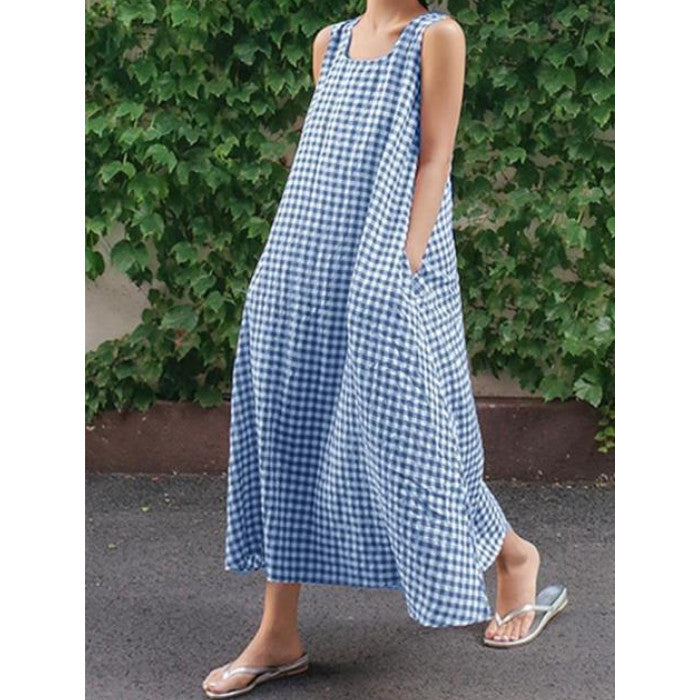 Summer Plaid Loose Maxi Dress with Pockets