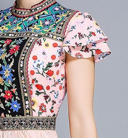 Printed stand-up collar lace stitching dress