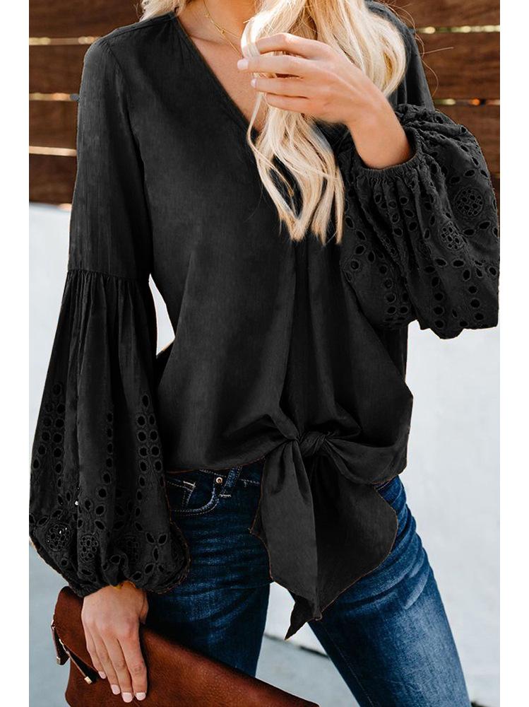 V-neck long-sleeved Loose Knotted Top-5color