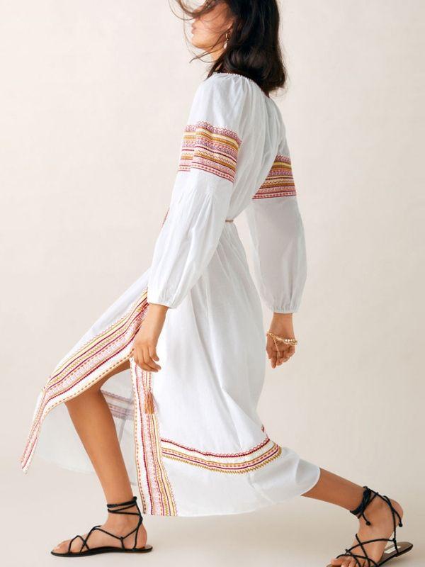 Embroidered Long Sleeves Loose V-neck Button Front Casual Dresses
