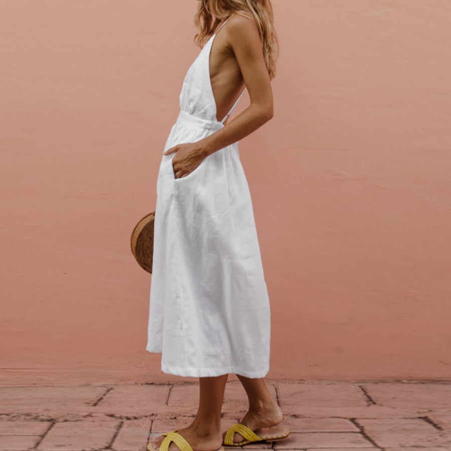 Sexy Backless Sling White Maxi Dresses