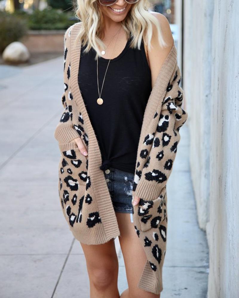 Fashion tri-color Leopard Sweater Knit Cardigan
