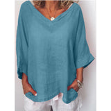 Woman V Neck Thin Summer Linen Plus Size Casual Long Sleeve Solid Tops