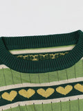 Contrast love embroidery round neck green knit top