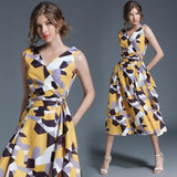 Fashion Print V-neck Sleeveless Vest Slim Dress