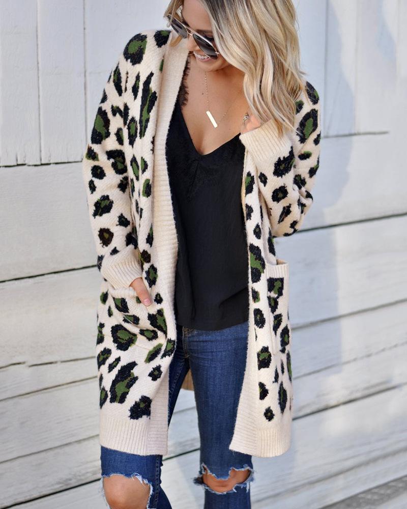Fashion tri-color Leopard Sweater Knit Cardigan