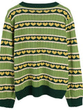Contrast love embroidery round neck green knit top