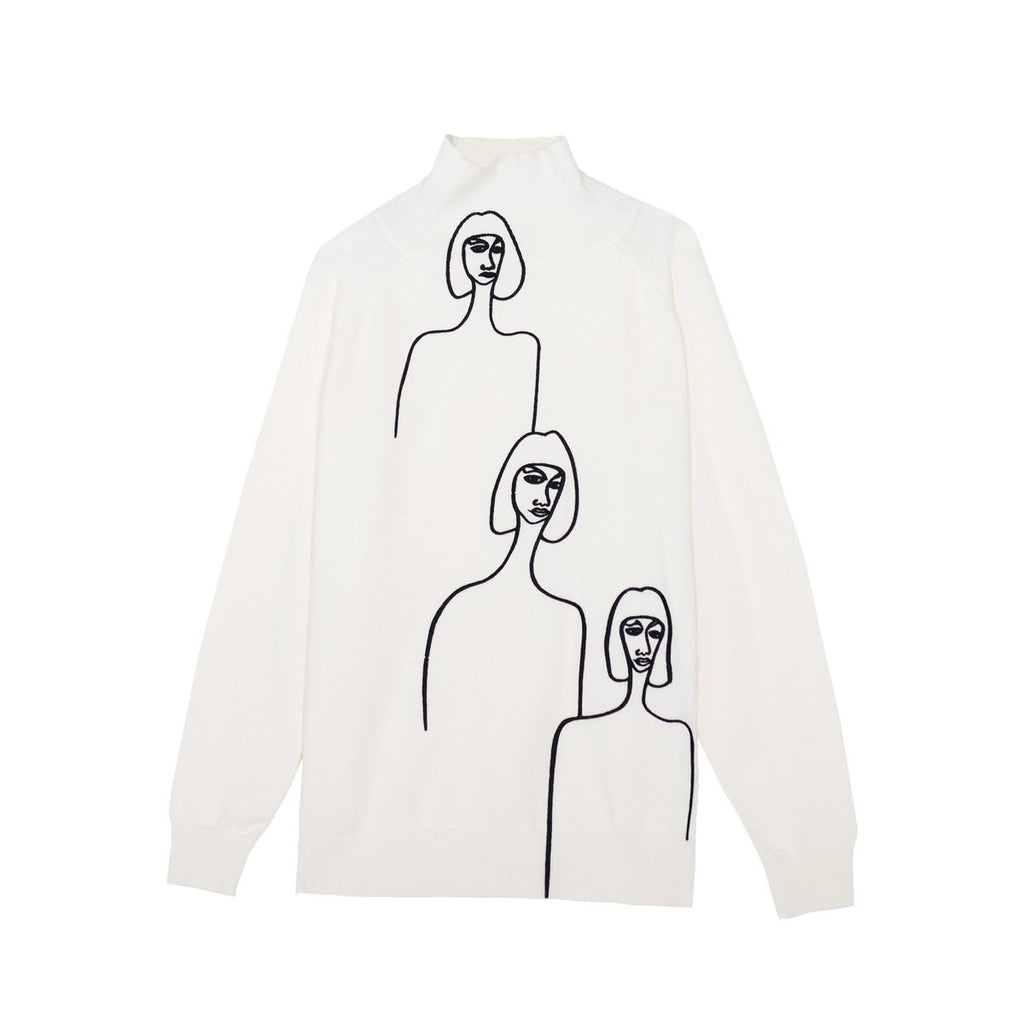 Three-person abstract embroidered long-sleeved turtleneck sweater