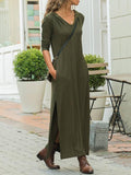 V-neck Long Sleeves Army Green Split-side Maxi Dress