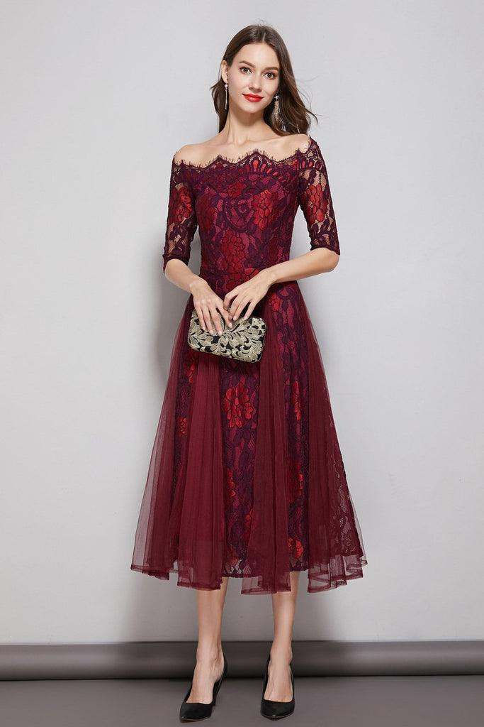 Floral Evening Midi Dress-red