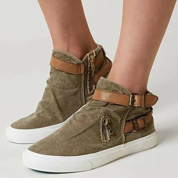 Plus Size Canvas Ankle Boots Flat Heel Buckle Booties