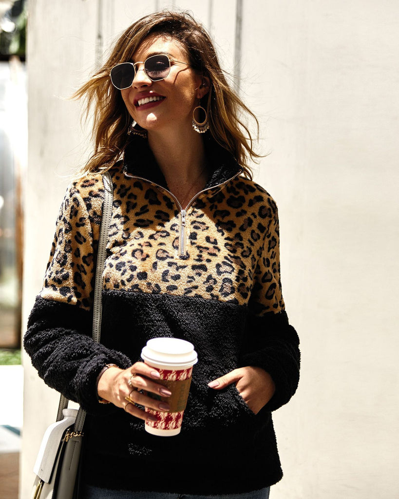 Autumn Black Leopard Stitching Zip Fuzzy Sweaters