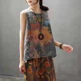 Summer New Loose Linen Printed Casual Vest
