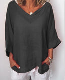 Woman V Neck Thin Summer Linen Plus Size Casual Long Sleeve Solid Tops