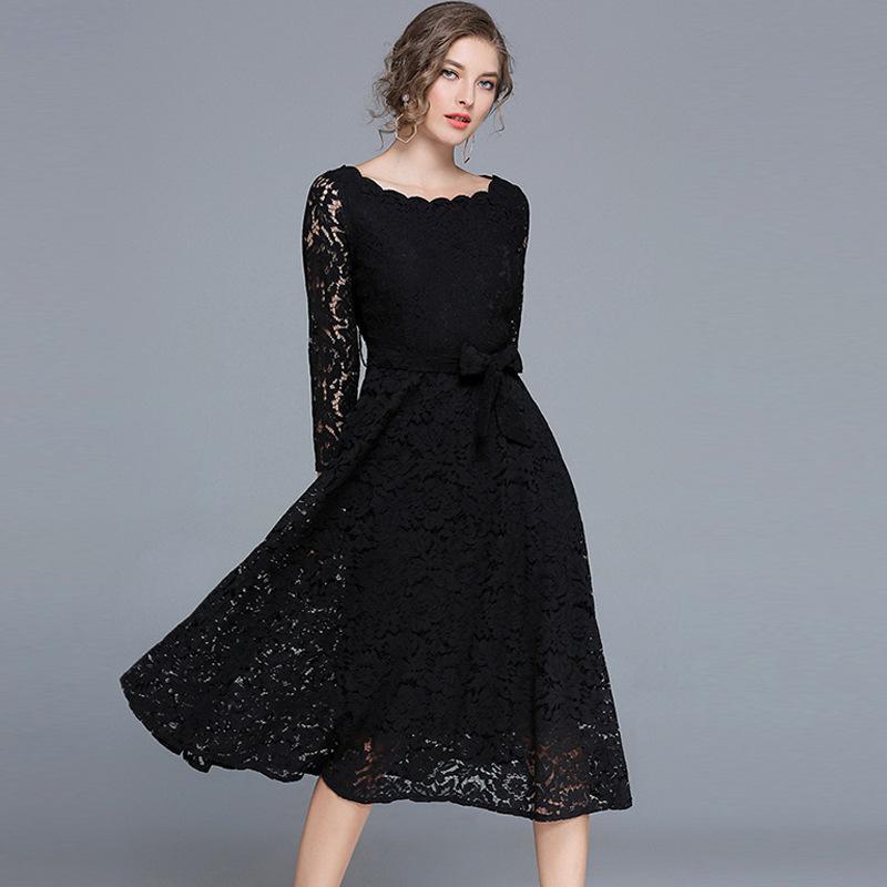 Fashion Vintage Lace Long Sleeve Midi Dress