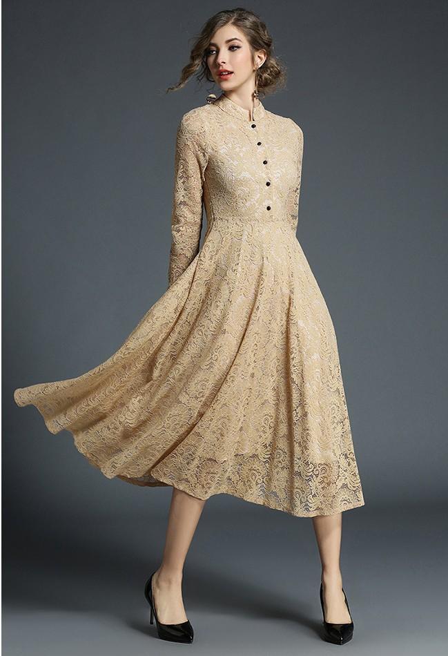 Retro Vintage Long-sleeved Lace Midi Dress