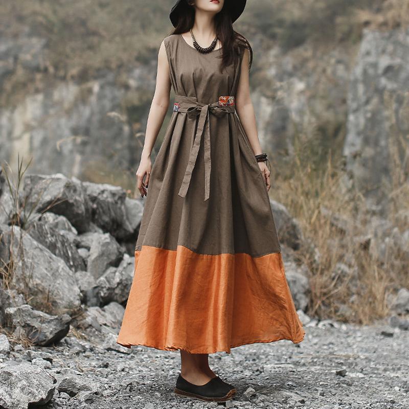 Women Vintage Solid Color Casual Sleeveless Dress
