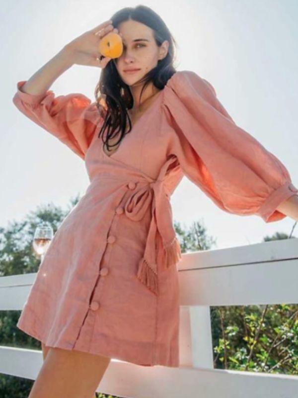 Cotton&Linen Pink Lantern Sleeve Tassel Dress