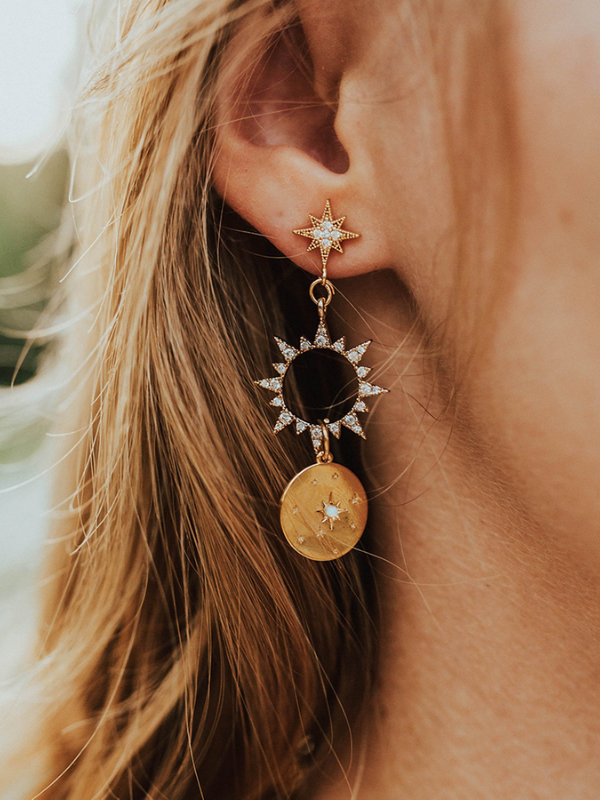 Diamond Sun Pierced Earrings Personalized Totem Disk earrings
