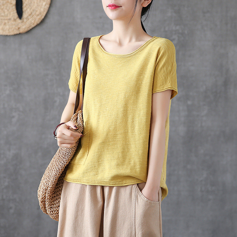 Summer Casual Yellow Solid Color Blouses