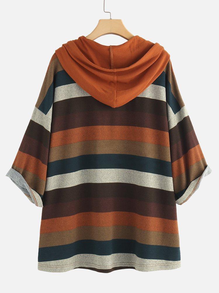 Cotton Blend Striped Hoodies Sweatshirt