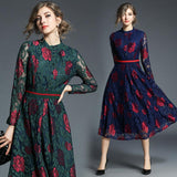 Long Sleeved Slim Fashion Versatile Lace Midi Dress