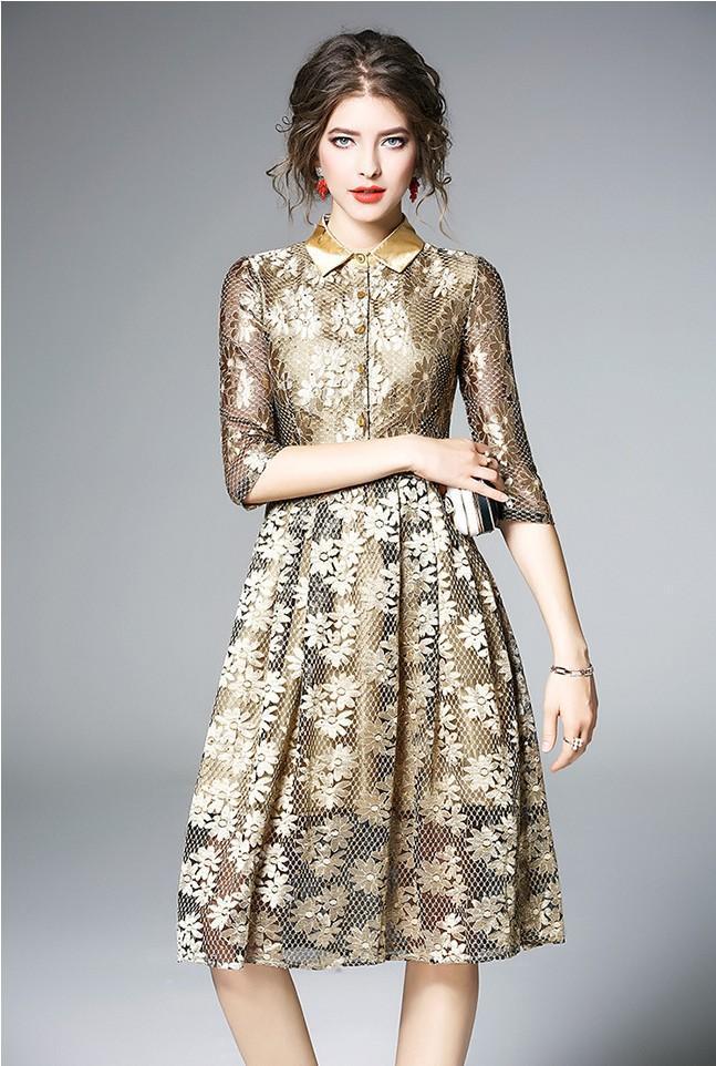 Lapel Lace Embroidered Sequined A-line Fashion Dress