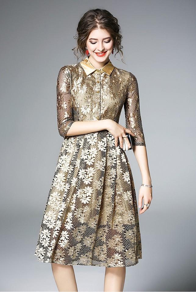 Lapel Lace Embroidered Sequined A-line Fashion Dress
