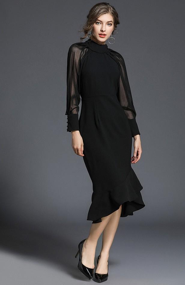 Black Stitching Slim Mid-length Fishtail Dress