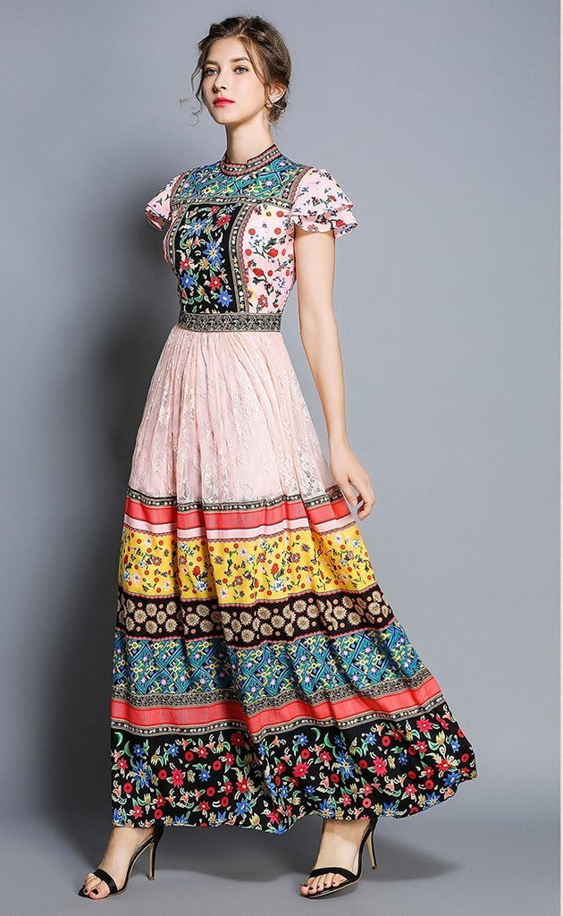 Printed stand-up collar lace stitching dress