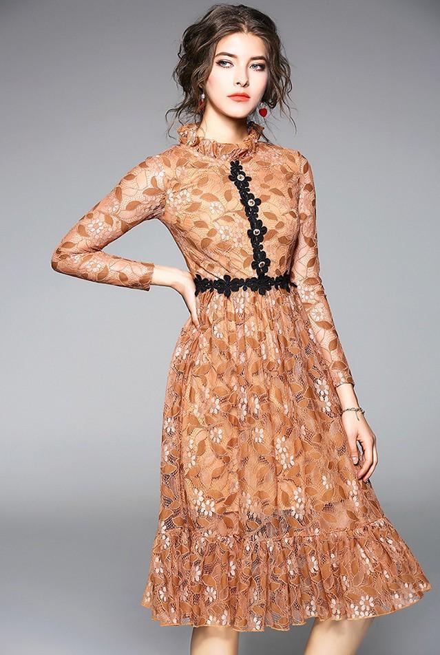 Fashion Lace Stitching Long Sleeves Slim Dress