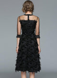 Fringed Feather Mesh Slim Black Dress