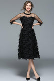 Fringed Feather Mesh Slim Black Dress