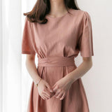 Retro Cotton Linen Solid Color Midi Dress
